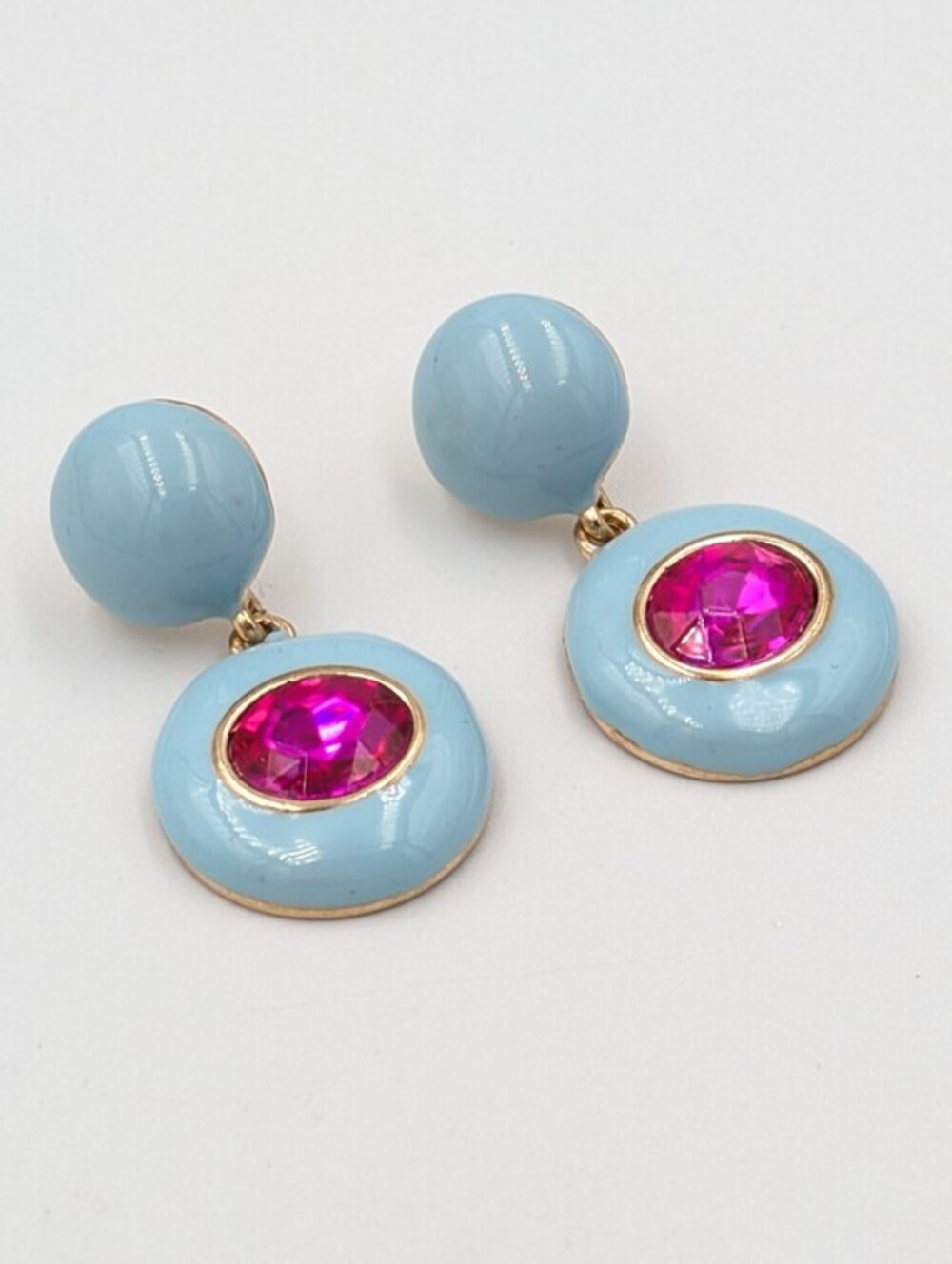 Blue enamel and large pink rhinestone gold tone luxury-inspired dangle earrings